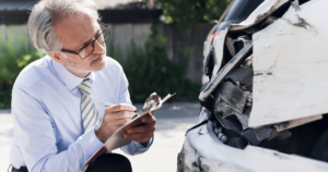 man evaluating the damage to a vehicle